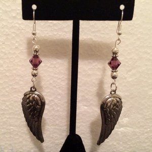 Angel Wing Purple Crystal Pierce Earrngs